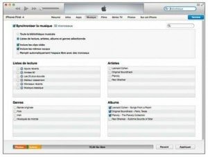 Utilisez le panneau Musique pour copier les fichiers audio dans votre iPhone
