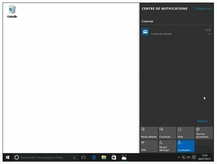 Le volet des notifications affiche des informations, par exemple sur vos derniers messages reçus ou encore sur les mises à jour
