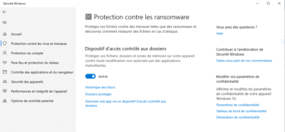 Capture écran pour activer la protection contre les ransomwares sous Windows